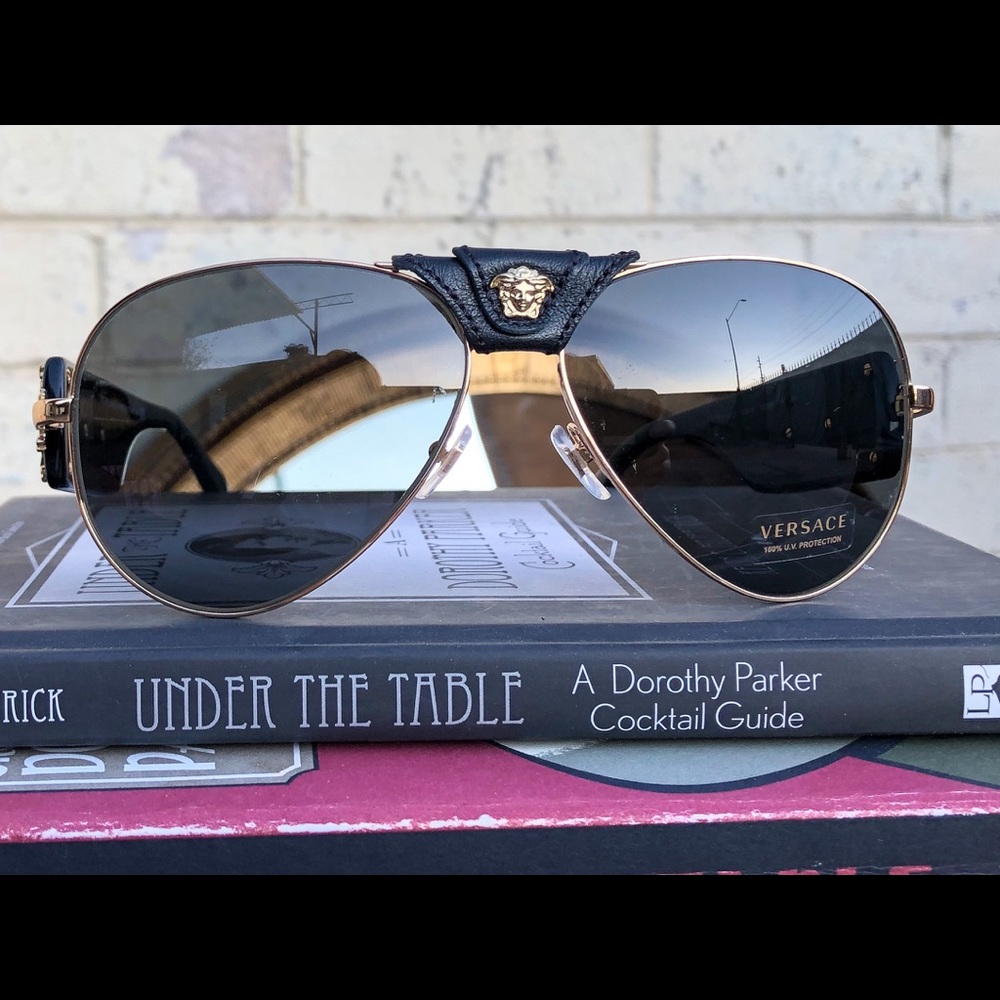 Black and Gold Versace Leather Aviator Sunglasses